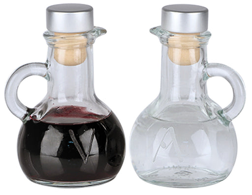 K324 Cruets with Stoppers – 4-1/4" H., 4 oz. Capacity, Engraved Water & Wine Symbols, Pair
