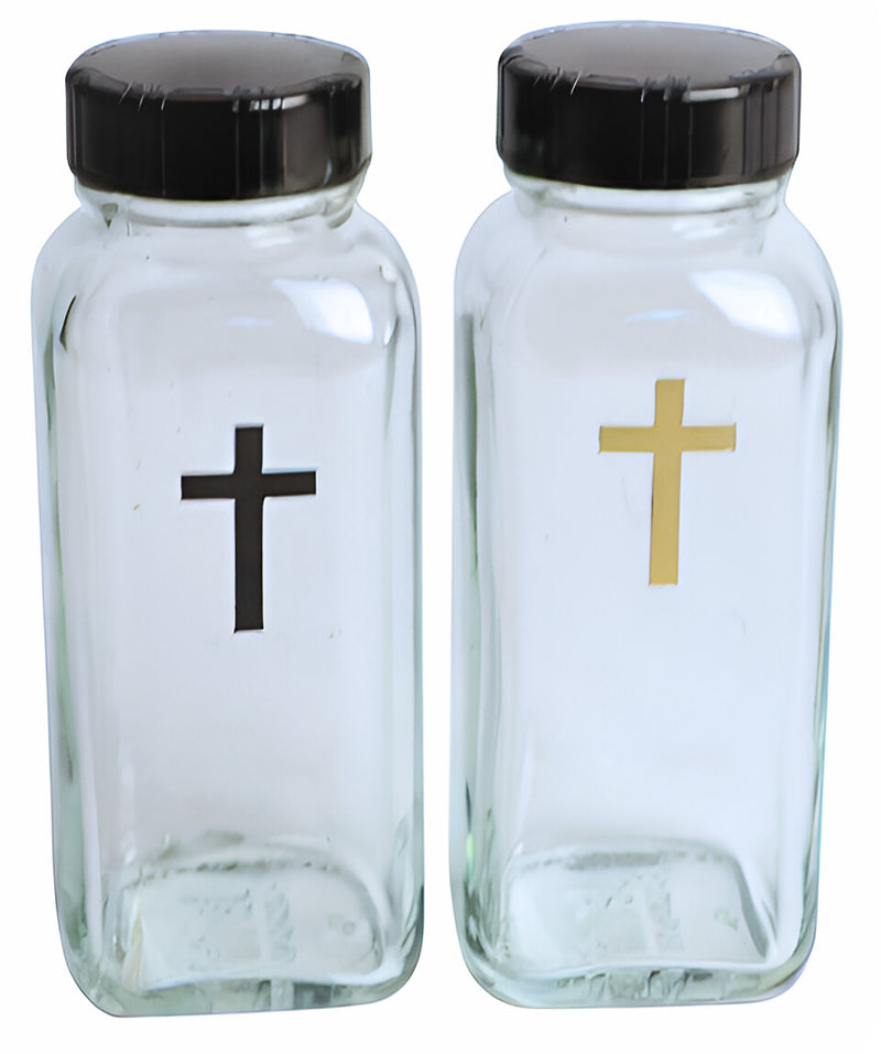 K326 Glass Cruets with Black and Gold Crosses – 4 oz. Capacity, Set of 2