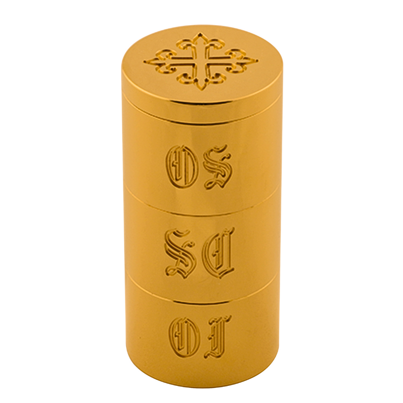 K35 Triple Oil Stock for Catholic Sacraments – 24K Gold-Plated Brass with Engraved OI, OS, SC & Cross Cover