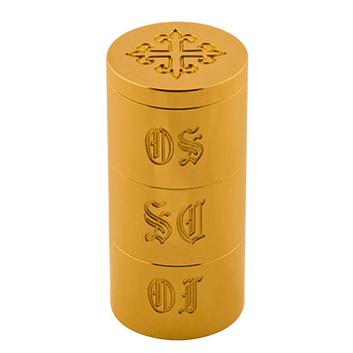K35 Triple Oil Stock for Catholic Sacraments – 24K Gold-Plated Brass with Engraved OI, OS, SC & Cross Cover