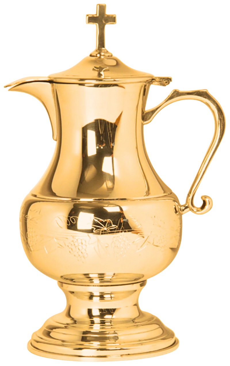 K367G Gold-Plated Flagon – 48 oz, 11.5”H with Hinged Lid & Engraved Grape Design