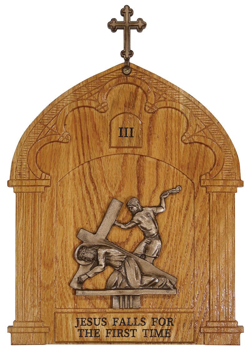 K377 Stations of the Cross (14-Piece Set) – Antique Bronze Figures on Stained Oak Panels