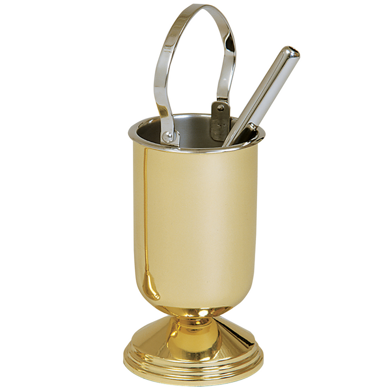 K384 Holy Water Pot and Sprinkler – 9" Brass Pot with Polished Finish & Stainless Steel Liner