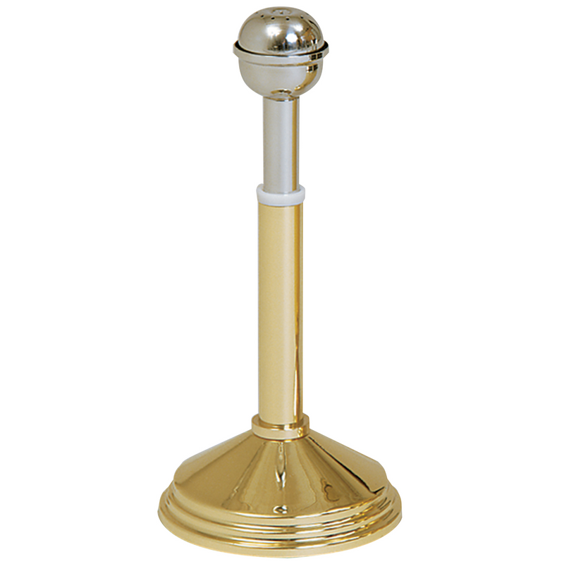 K409 Holy Water Sprinkler with Stand – Stainless Steel Sprinkler with Polished Brass Stand, 10-1/2" Height, 2 oz. Capacity