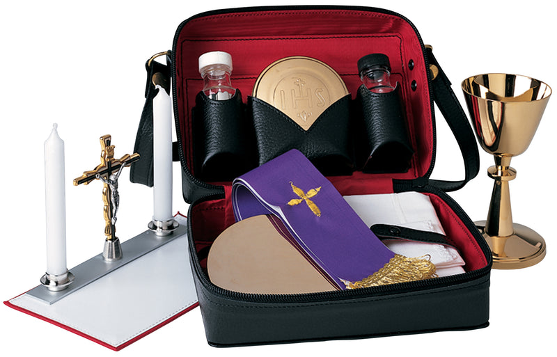 K411 Compact Mass Kit – Leather Case, 3oz Chalice, Paten, Host Box, Cruets, Crucifix, Stole, Candles & Altar Cloths