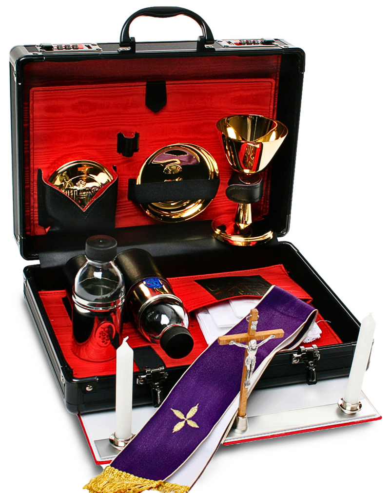 K412 Mass Kit – Durable Secure Case, 5oz Chalice, Bowl Paten, Host Box, Cruets, Crucifix, Stole & Altar Cloths