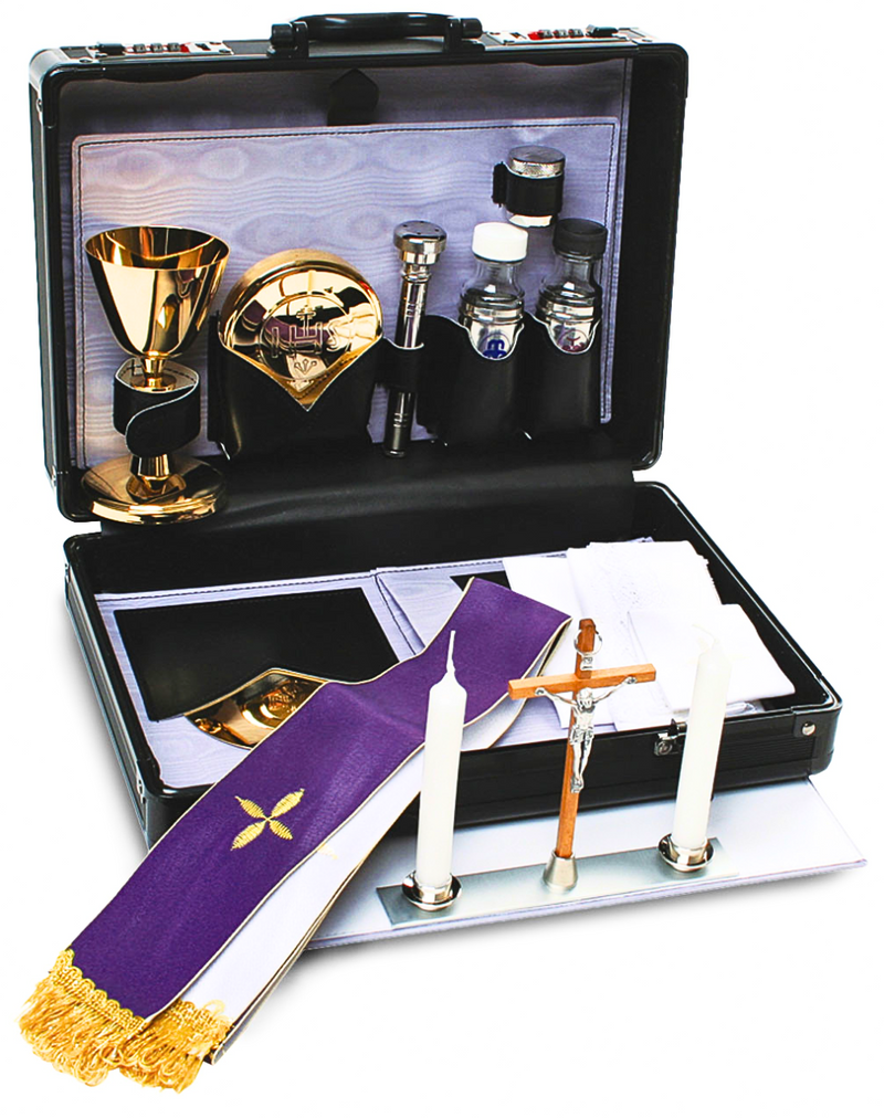 K413 Mass Kit – Chalice, Paten, Host Box, Cruets, Crucifix, Stole & Sprinkler in Durable Case