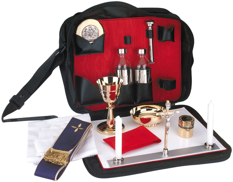 K415 Mass Kit – Soft Case with Shoulder Strap, 3oz Chalice, Paten, Host Box, Cruets, Crucifix, Altar Cloth & Candles