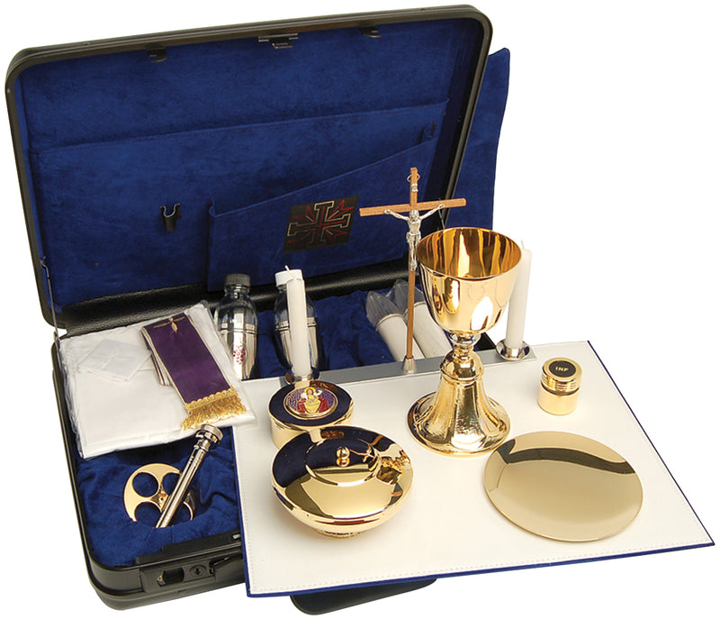 K417 Mass Kit – Durable Case, 8oz Chalice, Ciborium, Paten, Host Box, Cruets, Crucifix, Stole, Altar Cloth & Candles