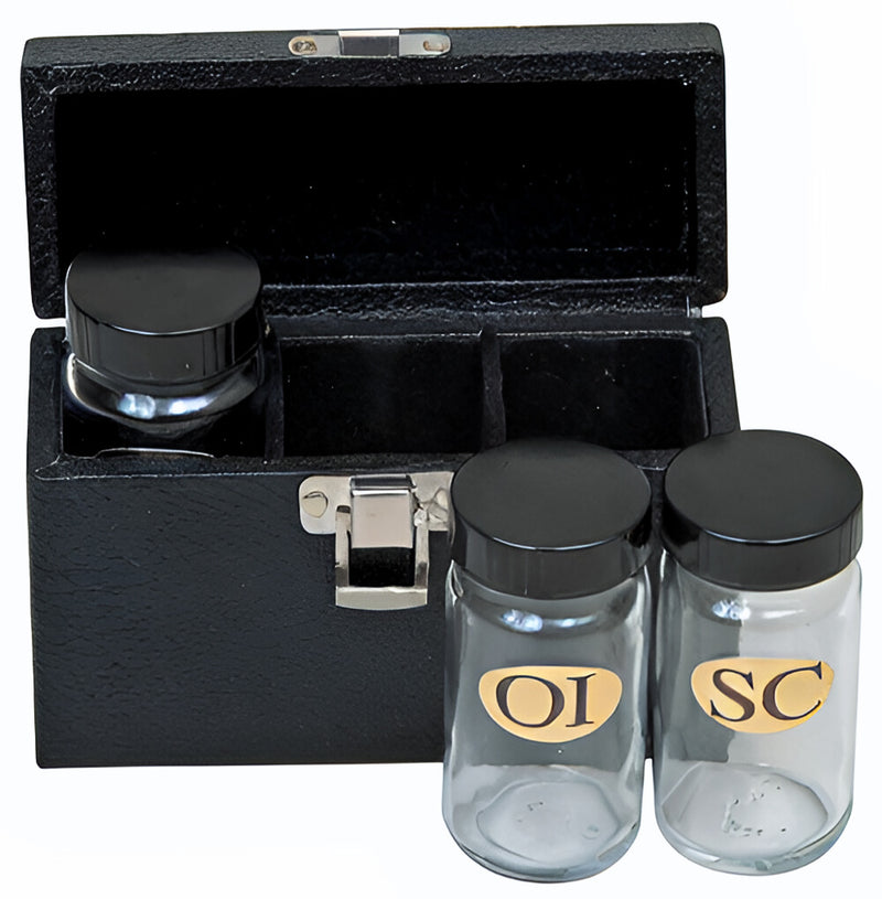 K43 Sacristy Oil Set – Three 2 oz Glass Holy Oil Bottles (OI, OS, SC) with Leak-Proof Caps in 3.75"H x 6"W Case, Church Supply