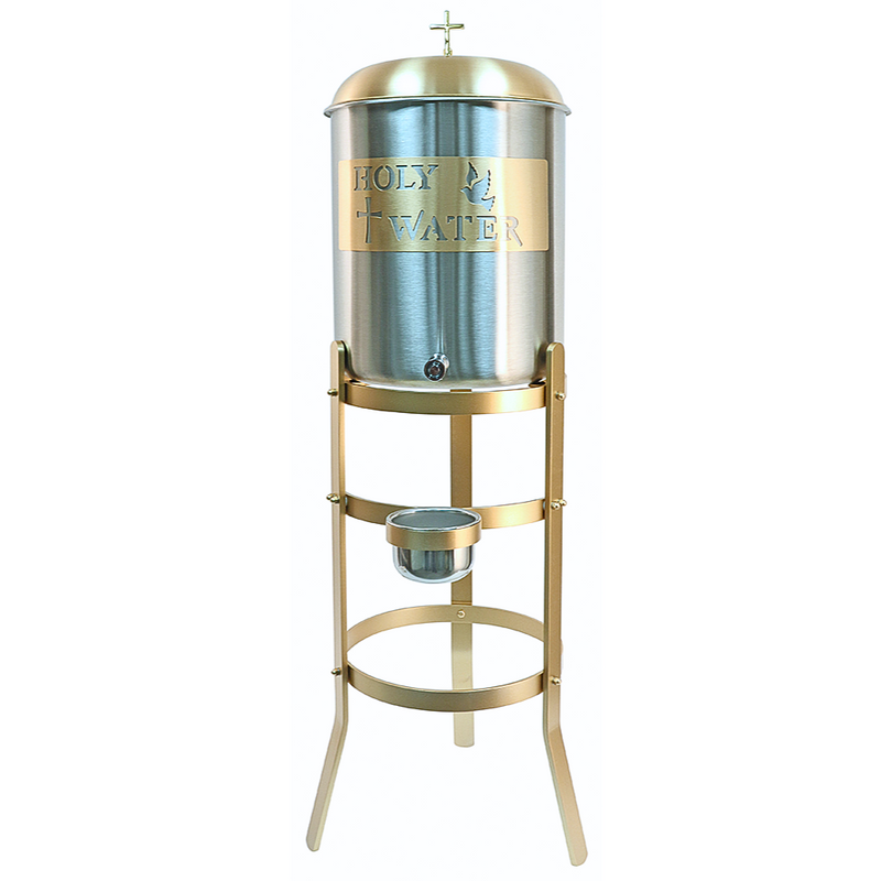 K450-10 Holy Water Tank and Stand – 10 Gallon Satin Bronze Tank with Decorative Plaque and Bronze Painted Stand