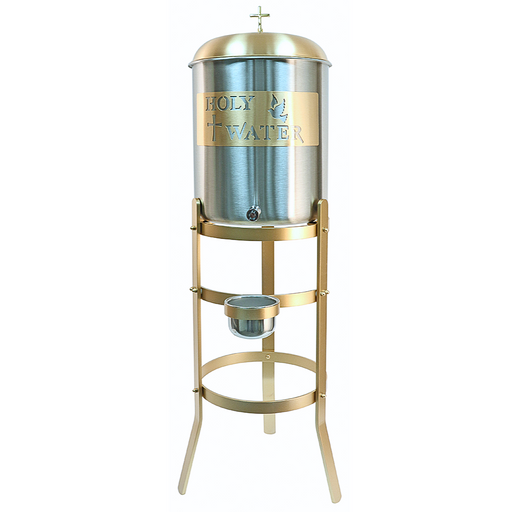 K450-10 Holy Water Tank and Stand – 10 Gallon Satin Bronze Tank with Decorative Plaque and Bronze Painted Stand