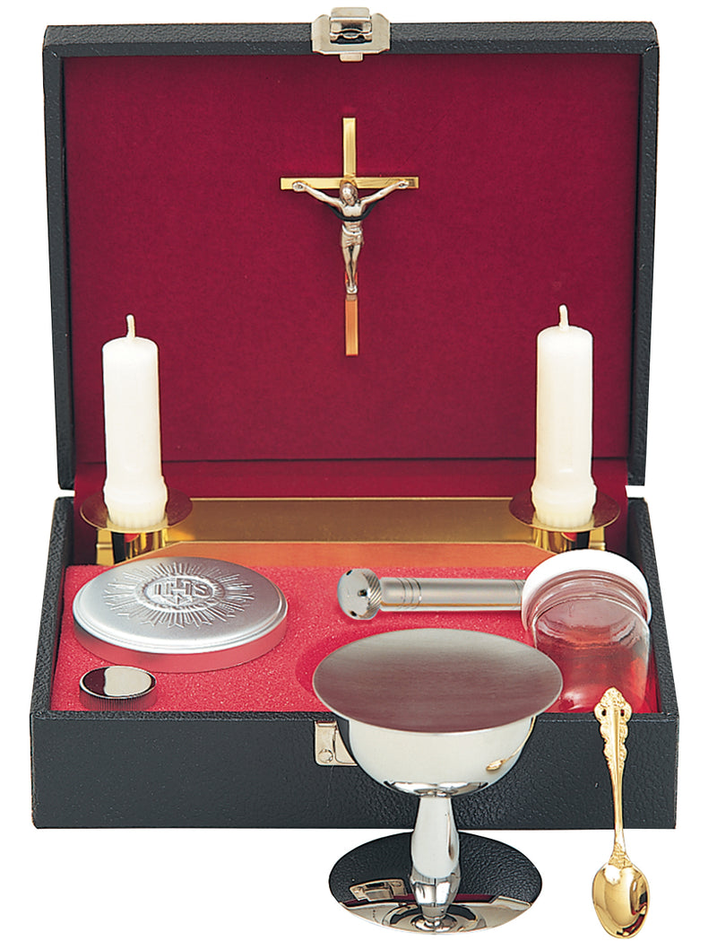 K55 Pastoral Set – Stainless Steel Chalice, Paten, Oil Stock, Sprinkler, Host Box, Wine Bottle, Crucifix & Case