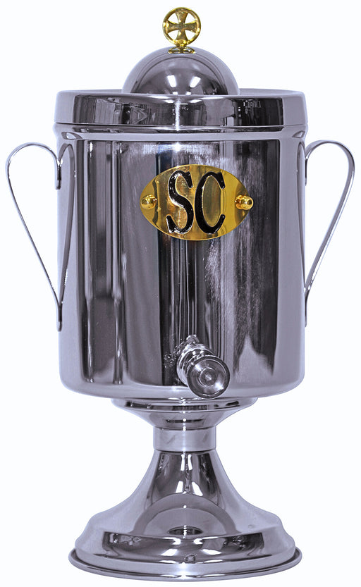 K69-1 Bishop Urn for Holy Oil – 1 Gallon Stainless Steel Container, 15"H x 6" Base, Available with SC, OS, or OI Labels, Church Supply