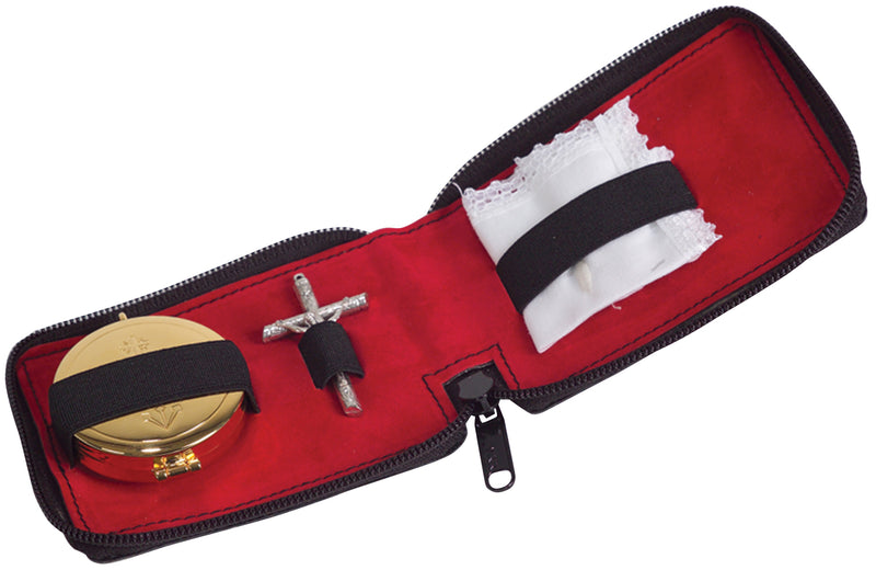 K712 Sick Call Set – Gold 2˝ Pyx (7 Host Capacity), Crucifix, Purificator, in Leather Zipper Case (3-1⁄2˝ x 4-1⁄2˝)