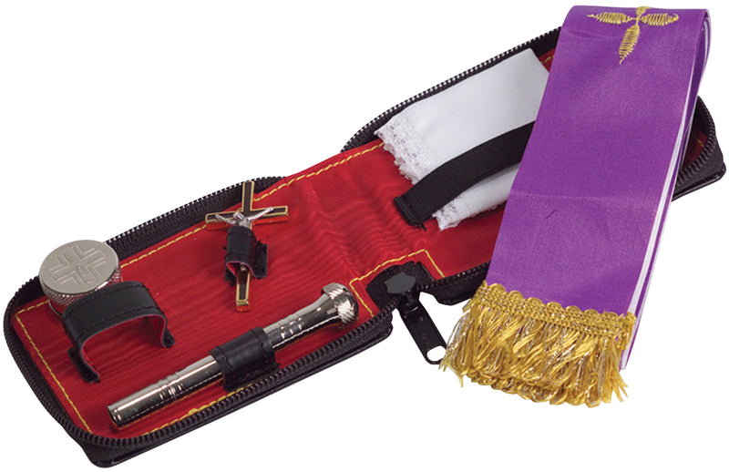 K713 Sick Call Set – Oil Stock with Ring, Sprinkler, Crucifix, Stole & Purificator in Leather Zipper Case (3-1⁄2˝ x 4-1⁄2˝)