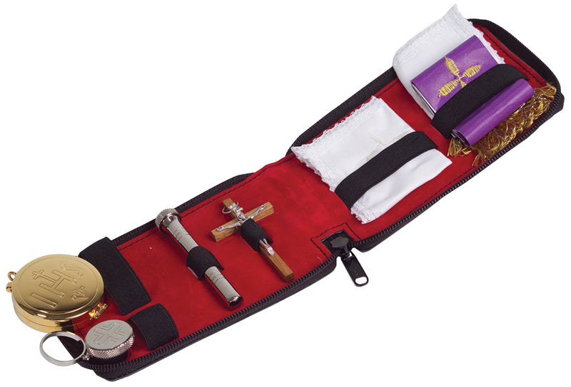 K714 Sick Call Set – Pyx, Oil Stock, Sprinkler, Crucifix, Stole, Purificator & Finger Cloth in Leather Zipper Case (4˝ x 6˝)