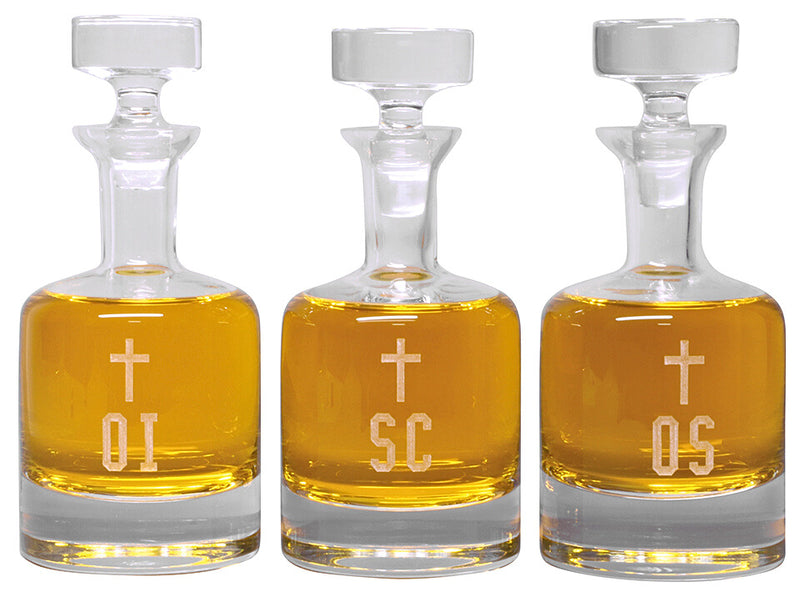 K72 Ambry Set – Set of 3 Hand-Cut Imported Crystal Holy Oil Bottles (OI, OS, SC), 28 oz Capacity, 10.375"H with Stopper, 4.625" Base, Optional OC Engraving, Church Supply