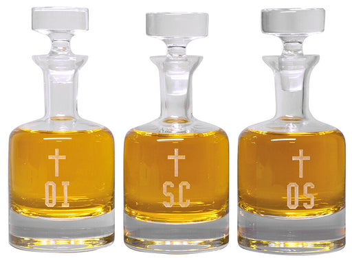 K72 Ambry Set – Set of 3 Hand-Cut Imported Crystal Holy Oil Bottles (OI, OS, SC), 28 oz Capacity, 10.375"H with Stopper, 4.625" Base, Optional OC Engraving, Church Supply