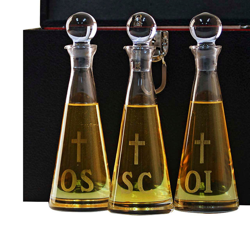 K73 Crystal Ambry Set –  9'' Tall, 6 oz Capacity Hand-Cut Ambry Set with Engraved OI, OS, SC -  Set of 3