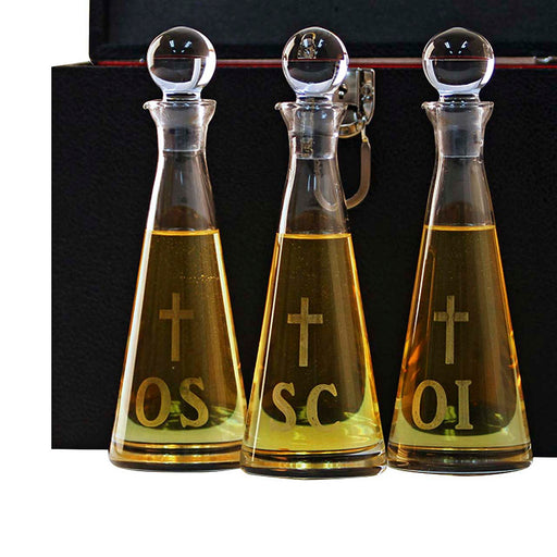 K73 Crystal Ambry Set –  9'' Tall, 6 oz Capacity Hand-Cut Ambry Set with Engraved OI, OS, SC -  Set of 3