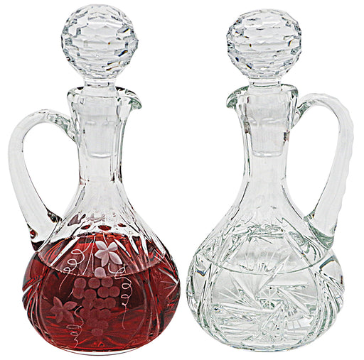 K950 Crystal Cruets – 8" H, 11 oz Capacity, Grape & Leaf and Pinwheel Designs, Pair