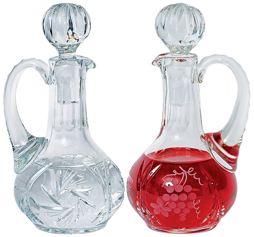 K952 Crystal Cruets – 6-3/8" H, 6 oz Capacity, Grape & Leaf and Pinwheel Designs, Pair
