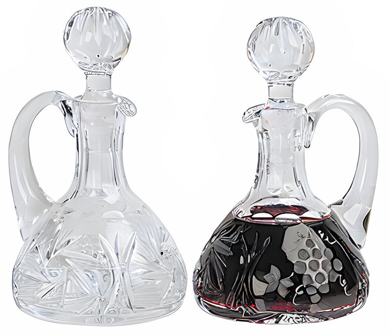 K957 Crystal Cruets – 6-1/4" H, 6 oz Capacity, Grape & Leaf and Pinwheel Designs, Pair