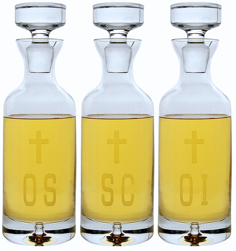 K969 Ambry Set – Set of 3 Hand-Cut Imported Crystal Holy Oil Bottles (OI, OS, SC), 32 oz Capacity, 12"H with Stopper, 3.75" Base