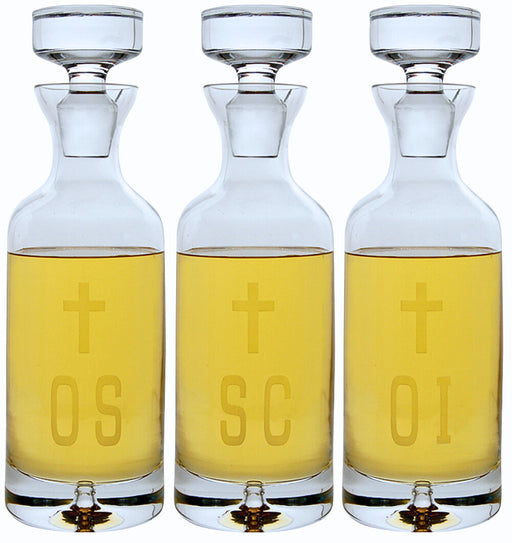 K969 Ambry Set – Set of 3 Hand-Cut Imported Crystal Holy Oil Bottles (OI, OS, SC), 32 oz Capacity, 12"H with Stopper, 3.75" Base