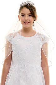 Kids' Communion Tiara Veil with Satin Bow – Rhinestone Accents & Flower Embellishment – Two Layer Veil