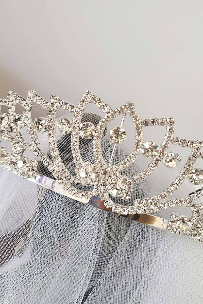Kids' Communion Tiara Veil with Satin Bow – Rhinestone Accents & Flower Embellishment – Two Layer Veil
