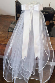 Kids' Communion Tiara Veil with Satin Bow – Rhinestone Accents & Flower Embellishment – Two Layer Veil