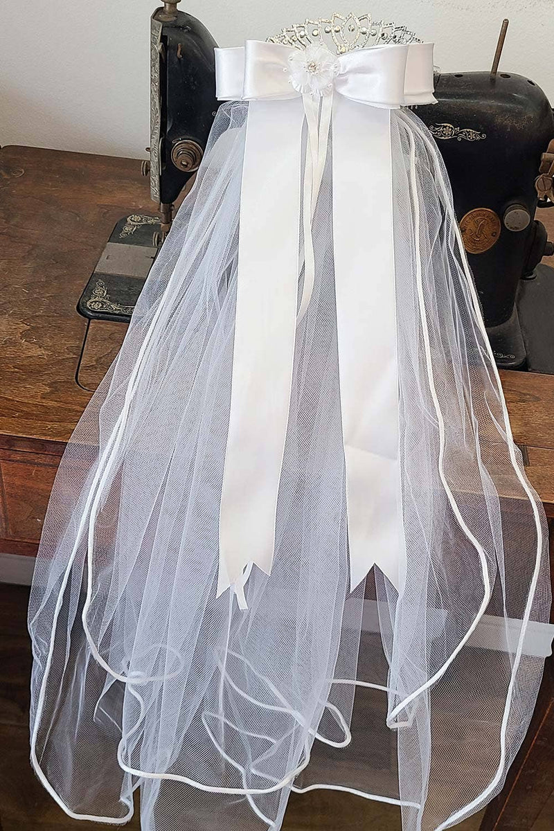 Kids' Communion Tiara Veil with Satin Bow – Rhinestone Accents & Flower Embellishment – Two Layer Veil