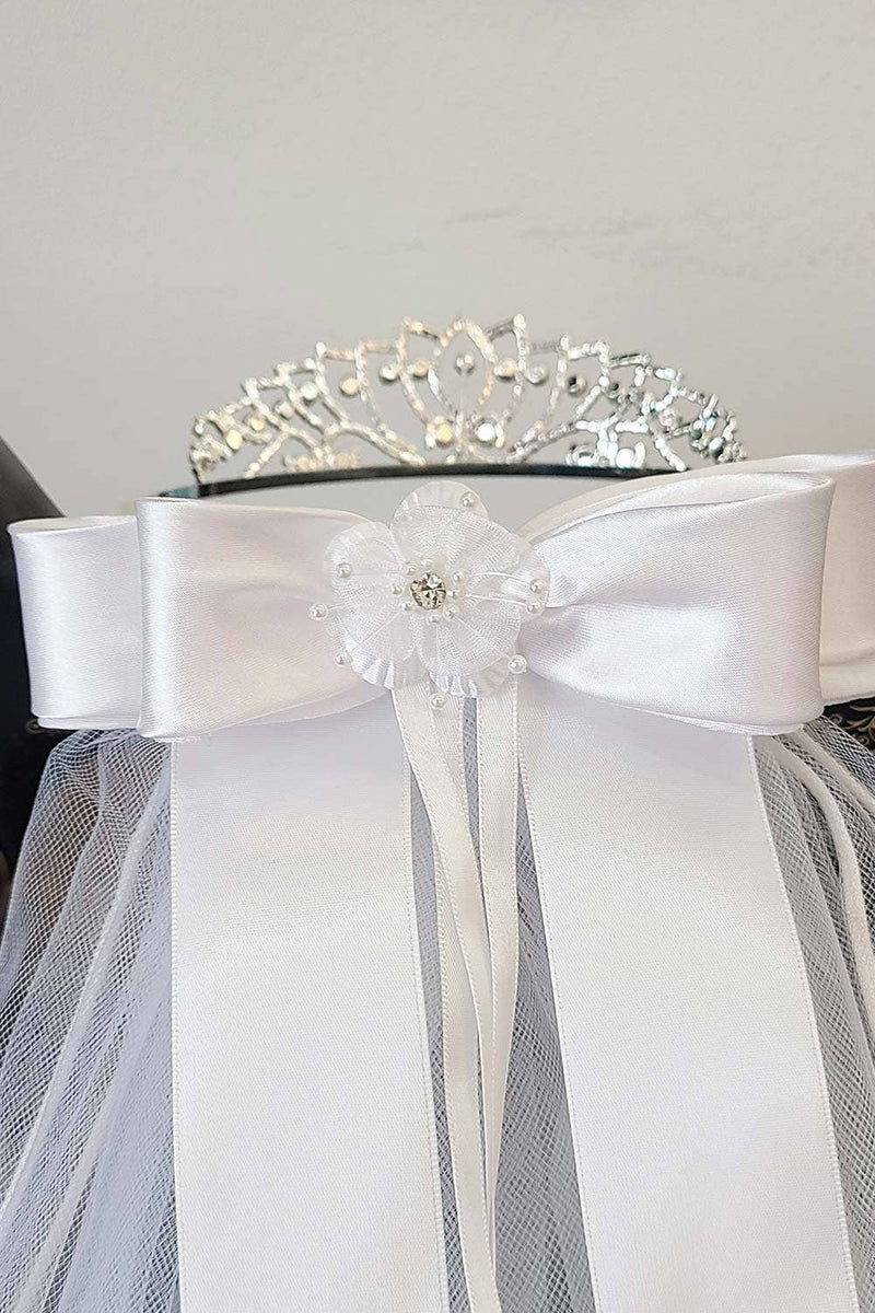 Kids' Communion Tiara Veil with Satin Bow – Rhinestone Accents & Flower Embellishment – Two Layer Veil