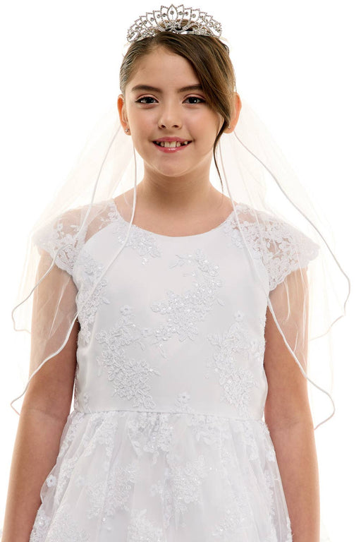 Kids' Communion Tiara Veil with Satin Bow – Rhinestone Accents & Flower Embellishment – Two Layer Veil