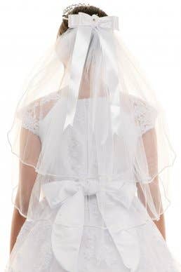 Kids' Communion Tiara Veil with Satin Bow – Rhinestone Accents & Flower Embellishment – Two Layer Veil