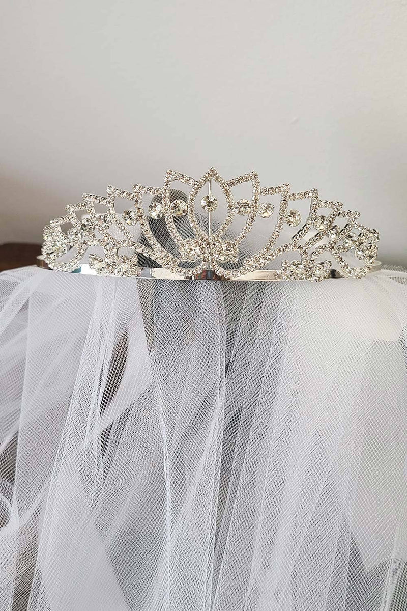 Kids' Communion Tiara Veil with Satin Bow – Rhinestone Accents & Flower Embellishment – Two Layer Veil