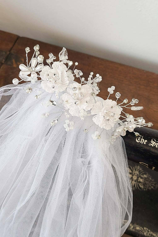 Kids Pearl & Rhinestone Tiara with Communion Veil – Elegant Veil with Comb for Girls