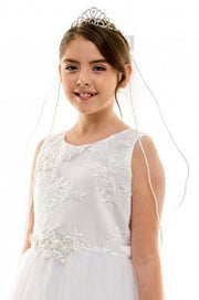Kids Satin Bow Communion Tiara Veil – Rhinestone Cross Tiara with Flower Embellishment & Two Layer Veil