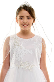 Kids Satin Bow Communion Tiara Veil – Rhinestone Cross Tiara with Flower Embellishment & Two Layer Veil