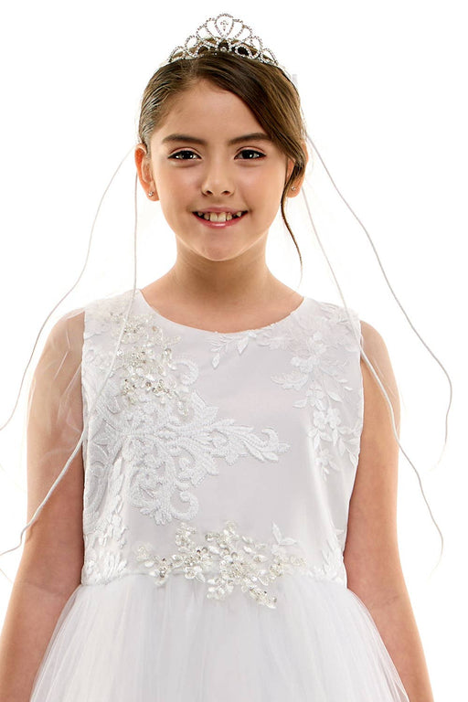 Kids Satin Bow Communion Tiara Veil – Rhinestone Cross Tiara with Flower Embellishment & Two Layer Veil