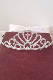 Kids Satin Bow Communion Tiara Veil – Rhinestone Cross Tiara with Flower Embellishment & Two Layer Veil