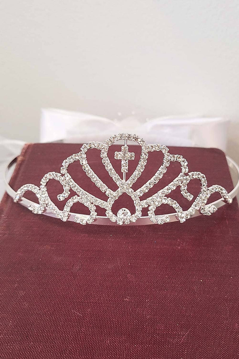 Kids Satin Bow Communion Tiara Veil – Rhinestone Cross Tiara with Flower Embellishment & Two Layer Veil