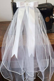 Kids Satin Bow Communion Tiara Veil – Rhinestone Cross Tiara with Flower Embellishment & Two Layer Veil