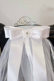 Kids Satin Bow Communion Tiara Veil – Rhinestone Cross Tiara with Flower Embellishment & Two Layer Veil