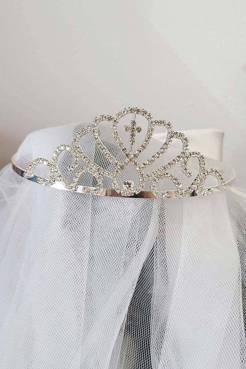 Kids Satin Bow Communion Tiara Veil – Rhinestone Cross Tiara with Flower Embellishment & Two Layer Veil