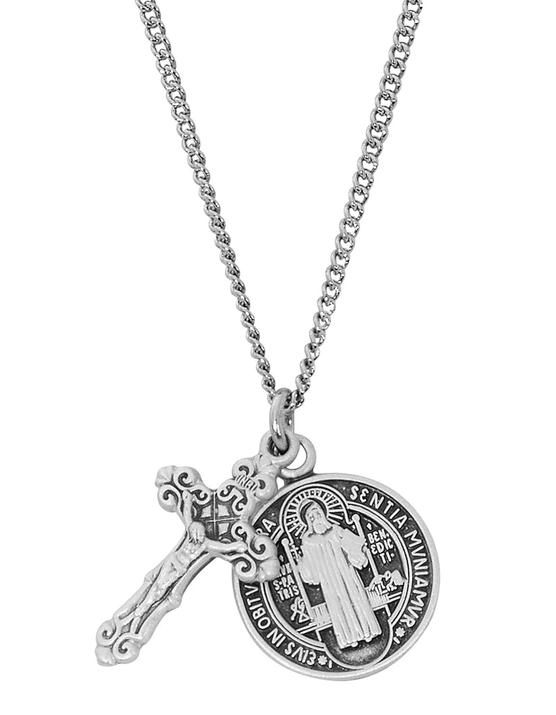 St. Benedict and Crucifix Pendant Set in Sterling Silver with 16-18" Rhodium Plated Chain