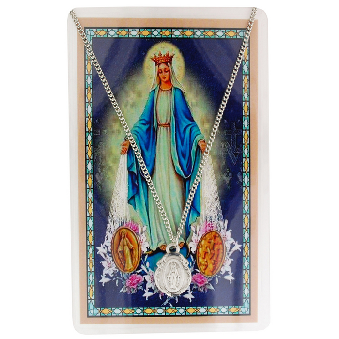 Laminated Holy Card Miraculous Blessed Virgin Mary with 18" Medal Silver-Tone Pewter Chain