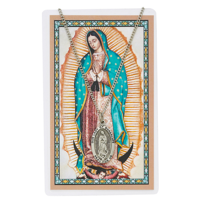 Laminated Holy Card Our Lady of Guadalupe in Spanish Text w/ 18" Medal Silver-Tone Pewter